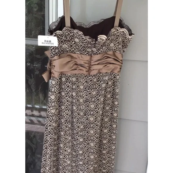 New R & M RICHARDS 6P Brown Gold Sleeveless Lace Satan Bow Dress New Gown Formal - Picture 4 of 10
